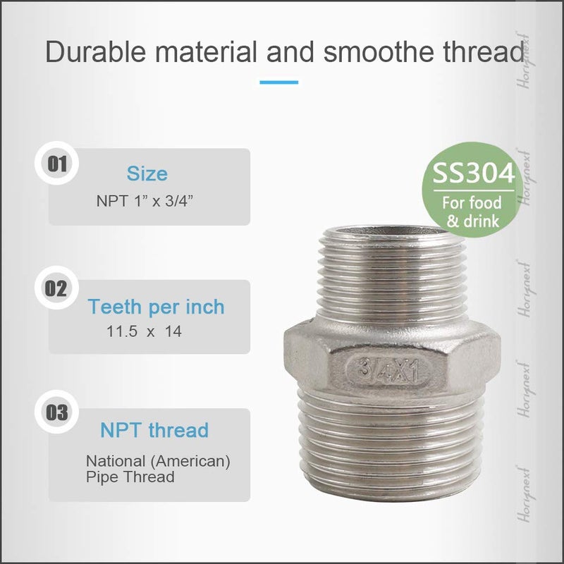 Horiznext npt 1 to 3/4 reducer male thread, stainless steel 304 1 inch to 3/4 reducer, hex reducing pipe fitting adapter water connector (Pack of 2) - Image 3